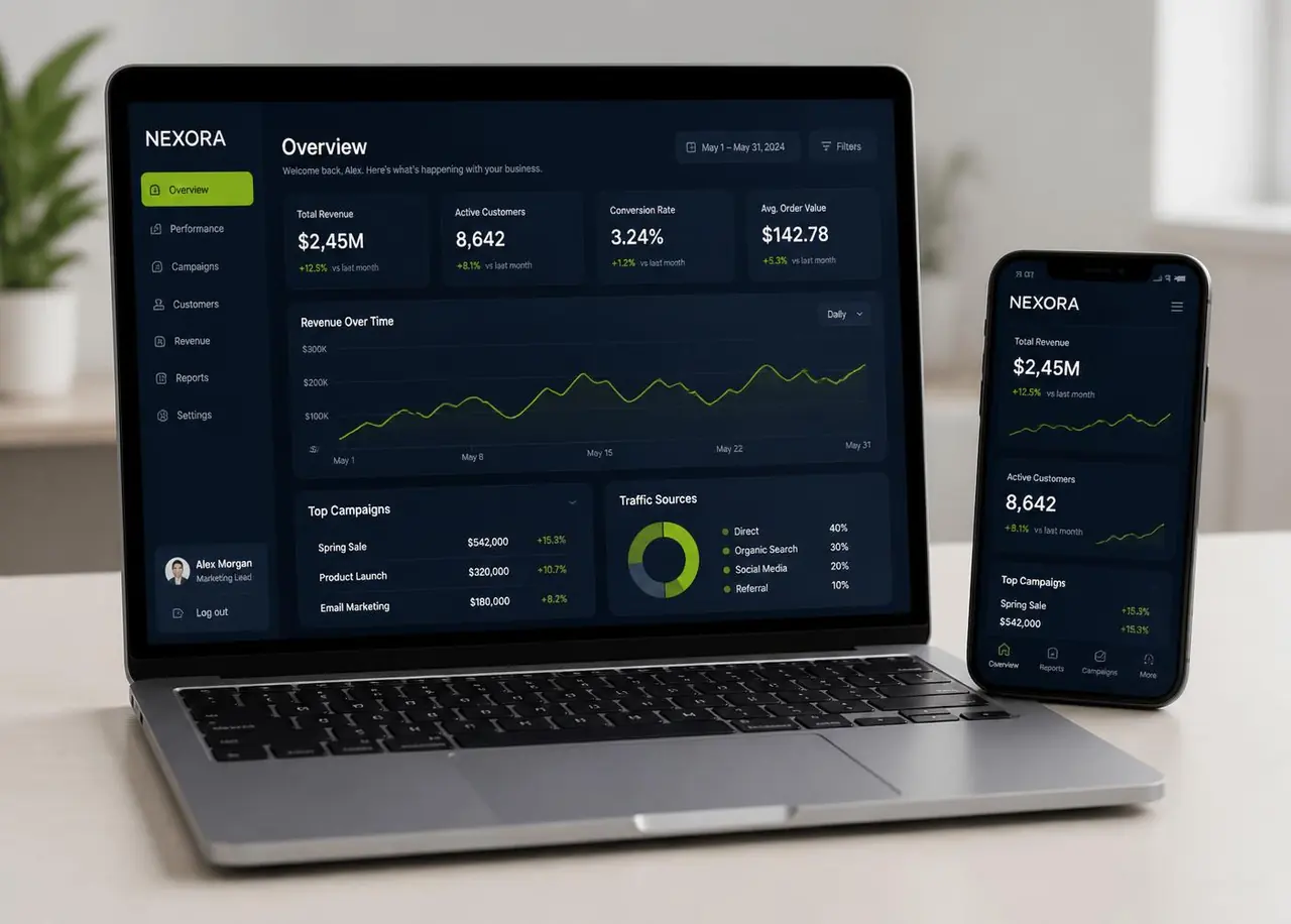 THEOVIQ analytics dashboard on laptop and mobile